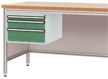 Metalltisch mit Holzoberfläche, links mit zwei grünen Schubladen.
