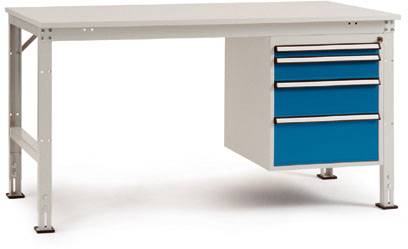 Ein weißer Tisch mit drei blauen Schubladen auf der rechten Seite. Der Tisch hat vier Metallbeine und eine glatte Oberfläche.