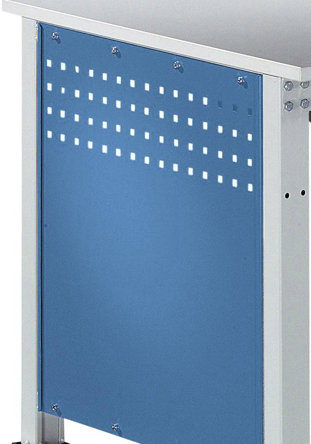 Ein blauer Metallständer mit quadratischen Lüftungslöchern. Teil einer Möbel- oder Geräteabdeckung.