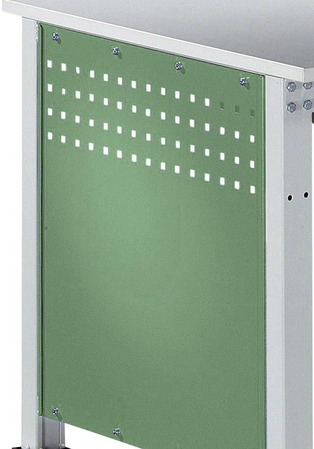 Grüner metallener Bildschirm mit quadratischen perforierten Mustern, montiert an einem weißen Rahmen, möglicherweise Teil eines Tisches oder Schranks.