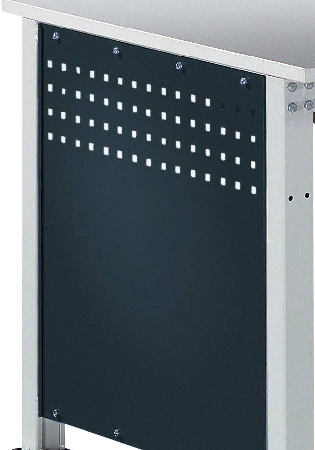 Ein schwarzes Metallelement mit quadratischen Löchern an einem Möbelstück, vermutlich Teil eines Tisches oder Regals, zur Stabilisierung oder Belüftung.