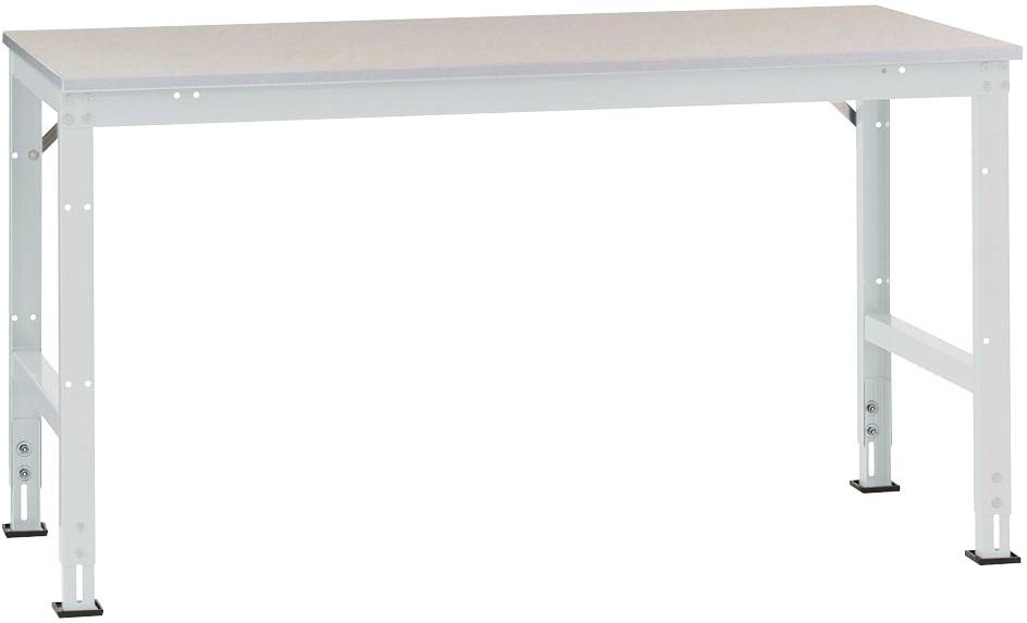 Ein einfacher, rechteckiger Arbeitstisch mit Metallbeinen und einer glatten, grauen Oberfläche. Ideal für Werkstatt- oder Büroumgebungen.