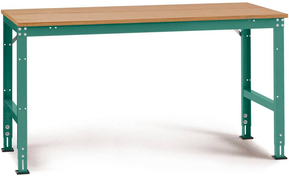 Ein stabiler Werktisch mit Metallbeinen und einer Holzplatte, aufrecht stehend. Ideal für Werkstattarbeiten.