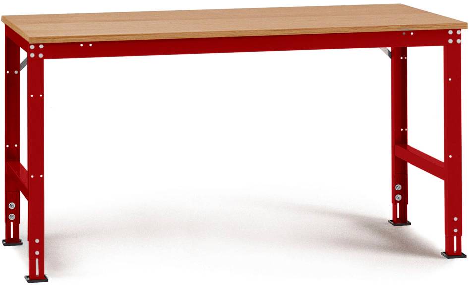 Ein stabiler Arbeitstisch mit einer Holzplatte und roten Metallbeinen, geeignet für Werkstatt- oder Büroarbeiten.
