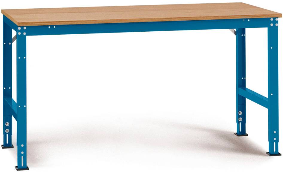 Blauer Arbeitstisch mit Holzplatte, stabiler Metallrahmen, geeignet für Werkstatt- oder Büroeinsatz.