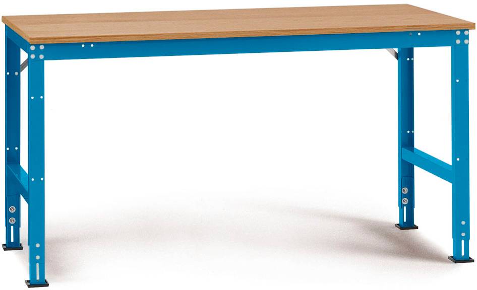 Ein blauer Arbeitstisch mit Holzplatte und stabilen Metallbeinen, geeignet für Werkstätten oder Arbeitsräume.