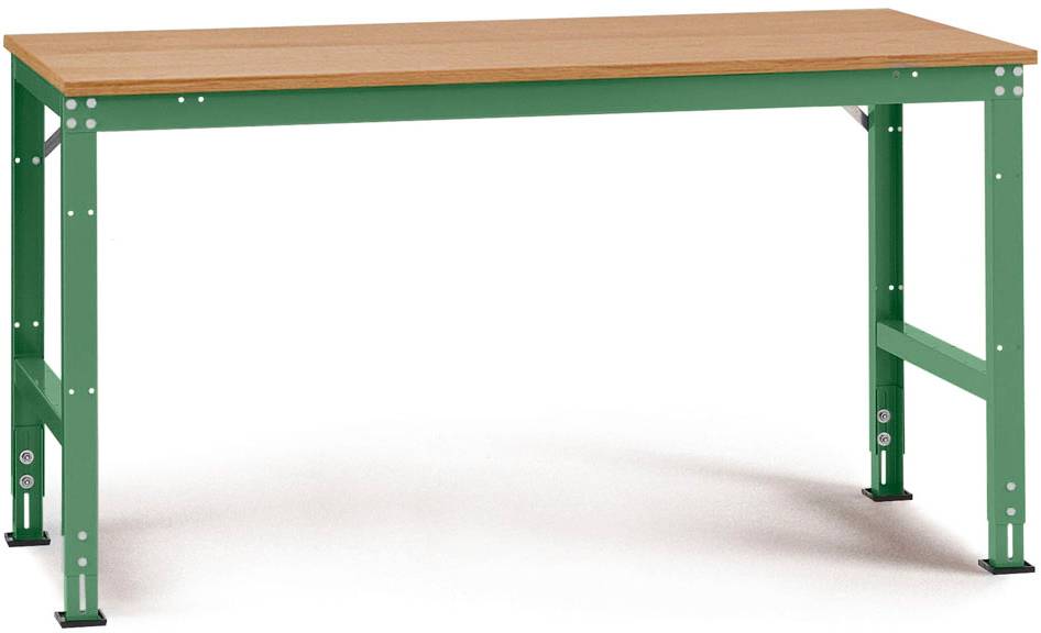 Ein grüner, robuster Arbeitstisch mit Metallbeinen und einer Holzoberfläche, geeignet für Werkstätten oder Produktionsumgebungen.