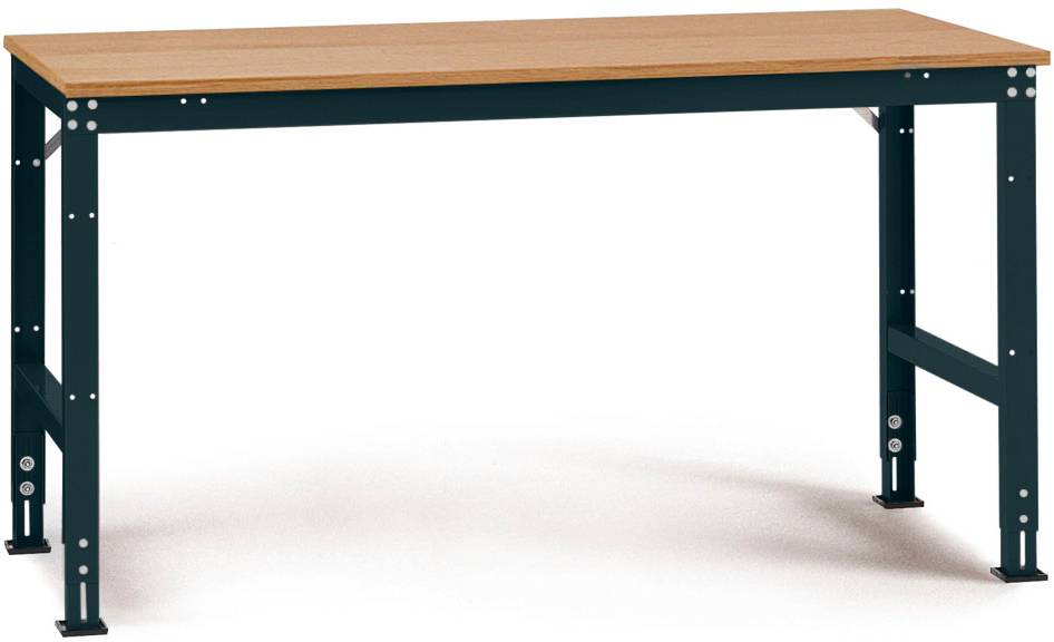 Ein stabiler Arbeitstisch mit Metallrahmen und Holzplatte. Ideal für Werkstätten oder industrielle Anwendungen.
