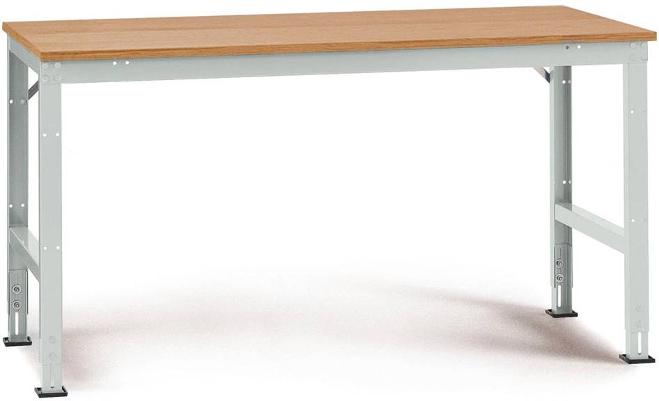 Ein schlichter Tisch mit einem Holzfurnier-Oberteil und einem robusten, hellgrauen Metallgestell. Ideal für Büros oder Werkstätten.