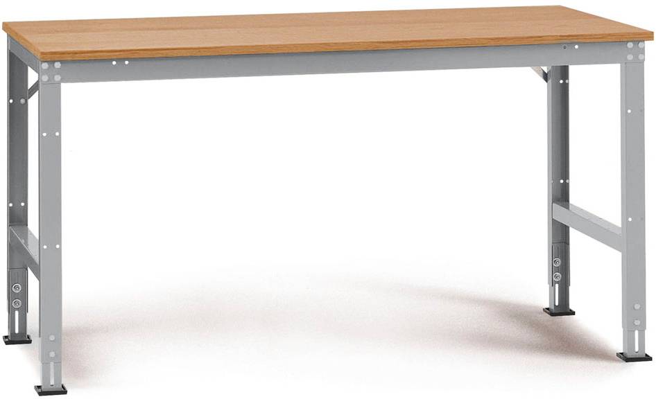 Ein stabiler Arbeitstisch mit Metallbeinen und einer Holzoberfläche. Geeignet für Werkstätten oder Büros.