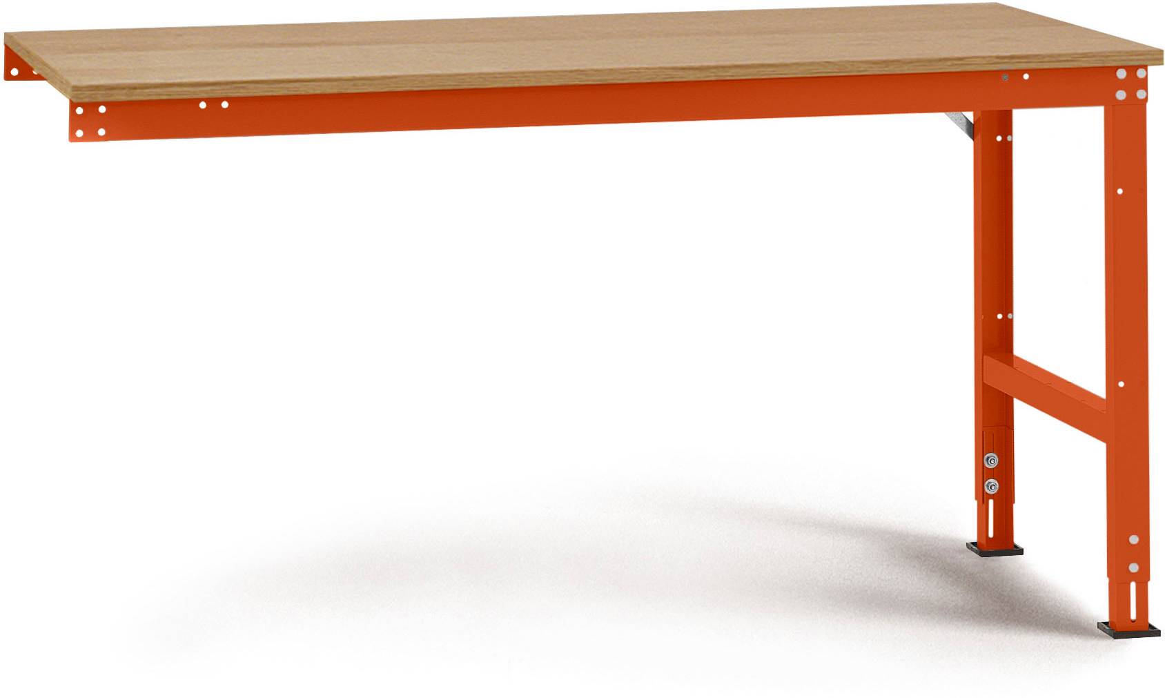 Rechteckiger Tisch mit Holzplatte und orangefarbenem Metallgestell; stabil und modern. Geeignet für Büros oder Werkstätten.