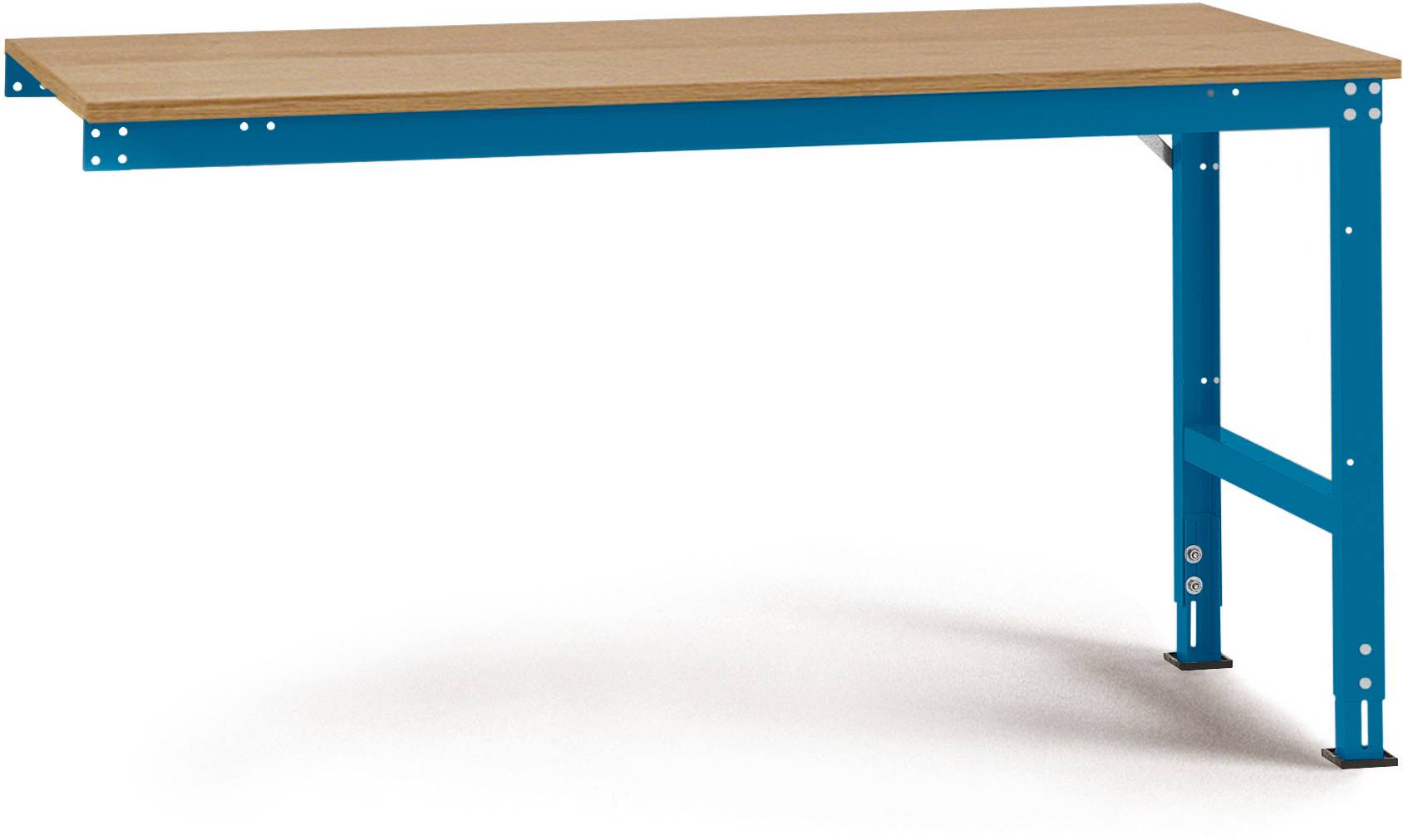 Ein blauer Tisch mit Holztischplatte, stabil und einfaches Design. Geeignet für Büros oder Werkstätten.