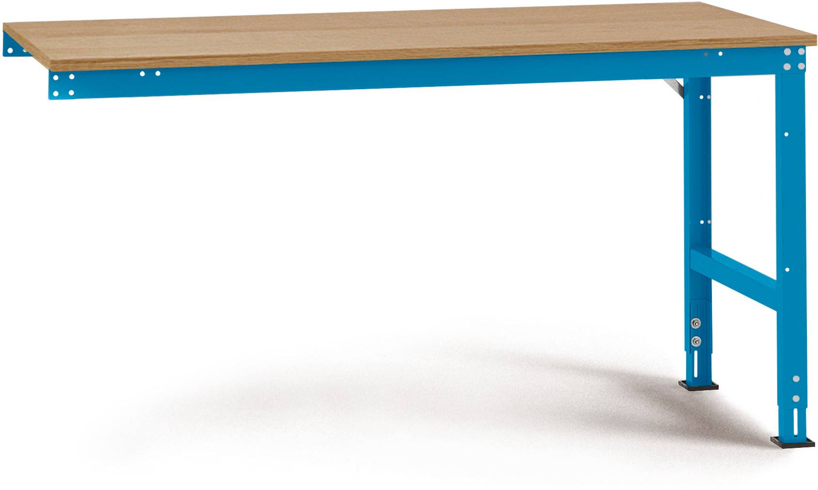 Ein blauer Tisch mit Metallrahmen und Holzplatte, ideal für Werkstattarbeiten.