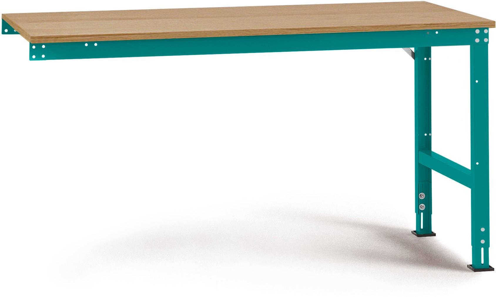 Ein grüner Tisch mit einer Holzplatte und stabilen Metallbeinen, auf einem weißen Hintergrund.