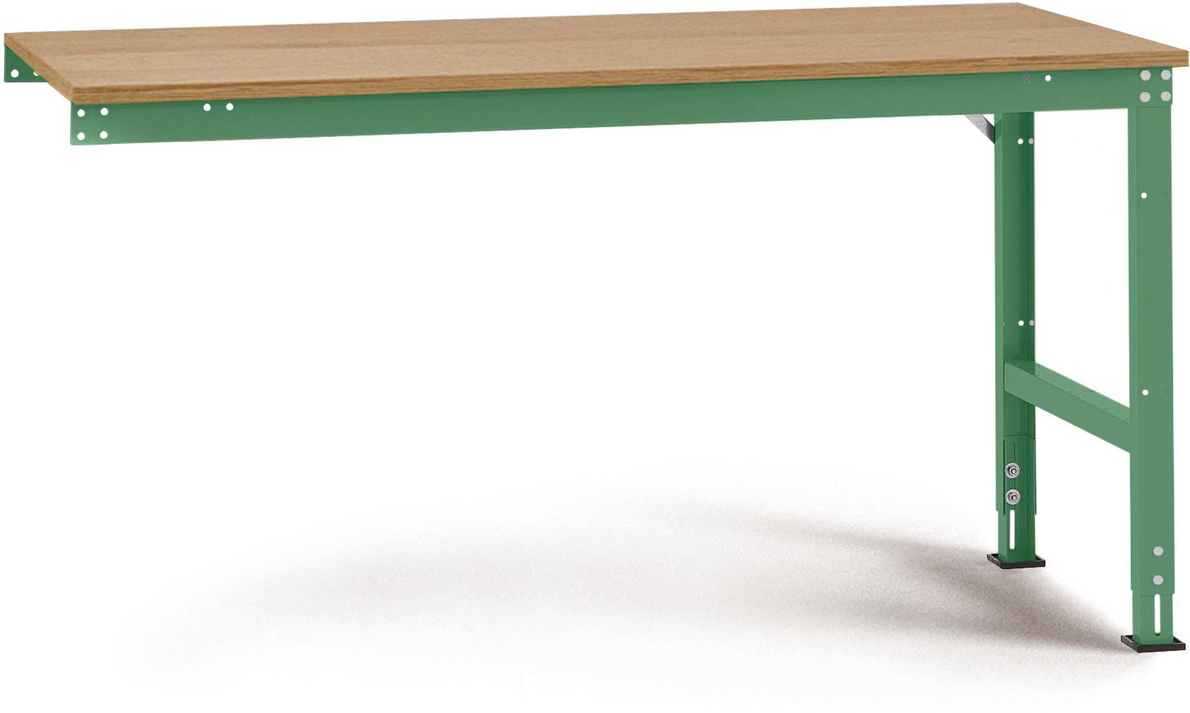 Ein grüner Metalltisch mit einer Holzplatte, minimalistisch gestaltet, freistehend in einem hellen Raum.