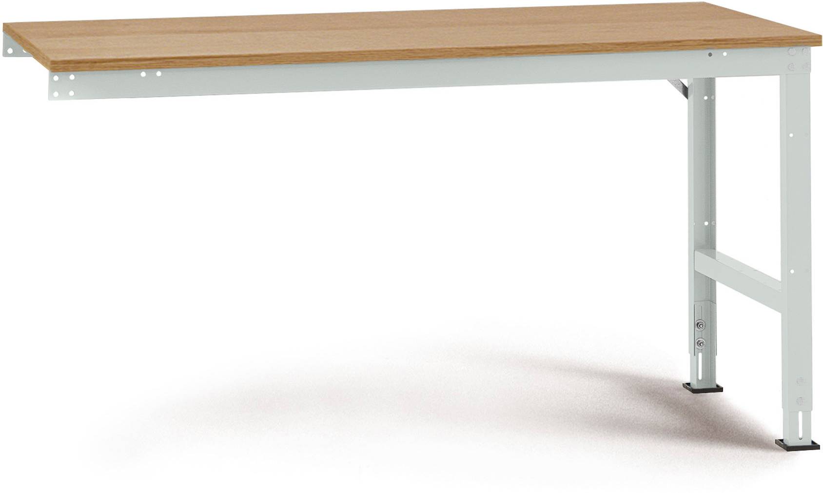 Rechteckiger Tisch mit Holzplatte und weißen Metallbeinen. Moderner, minimalistischer Designstil, geeignet für Büros oder Studienräume.