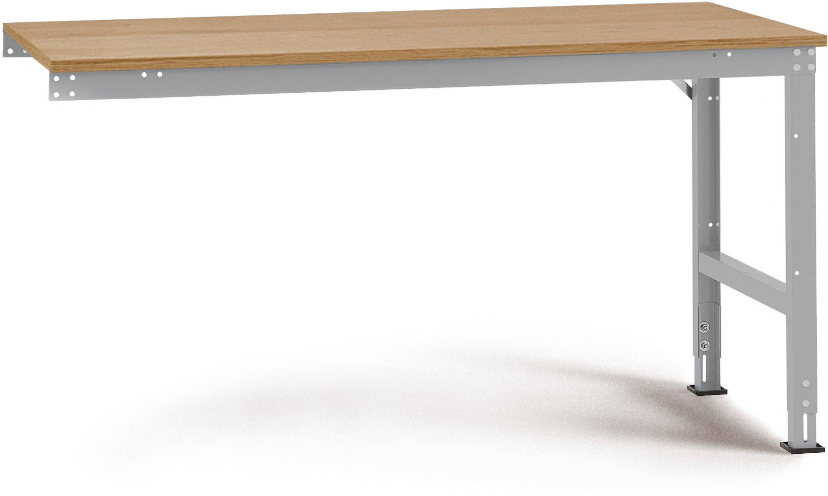 Rechteckiger Tisch mit hölzerner Oberfläche und metallischen L-förmigen Beinen, geeignet für Büro- oder Werkstattumgebungen.