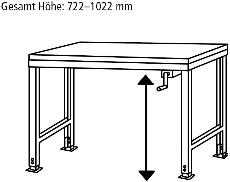 Ein höhenverstellbarer Tisch mit Kurbelmechanismus, Höhe verstellbar zwischen 722 und 1022 mm.