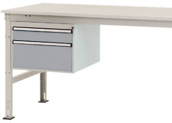 Ein weißer Tisch mit zwei grauen Schubladen auf der linken Seite. Der Tisch hat stabile Metallbeine.