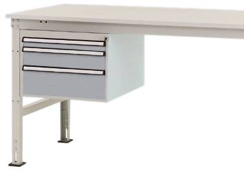 Ein weißer Schreibtisch mit einem grauen, dreischubligen Container, der an der linken Seite befestigt ist. Schlichtes Design.