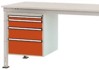 Ein weißer Tisch mit einem orangefarbenen Schubladenschrank an der linken Seite. Der Schrank hat drei Schubladen.