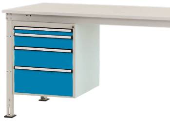 Ein weißer Tisch mit einem blauen Schubladenschrank auf der linken Seite. Der Schrank hat drei Schubladen und ist unter dem Tisch montiert.