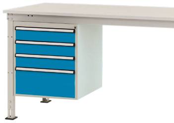 Ein weißer Tisch mit einem blauen Schubladenmodul auf der linken Seite, bestehend aus vier Schubladen, in einem Bürodesign.