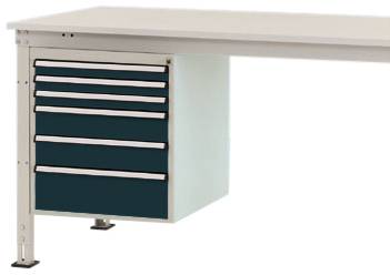 Bürotisch mit seitlicher Schubladenbox, bestehend aus fünf blauen Schubladen, montiert unter der Tischplatte.