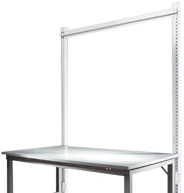 Ein stabiler, weißer Arbeitstisch mit hohen, verstellbaren Pfosten, die eine Querleiste halten, ideal für industrielle Anwendungen.