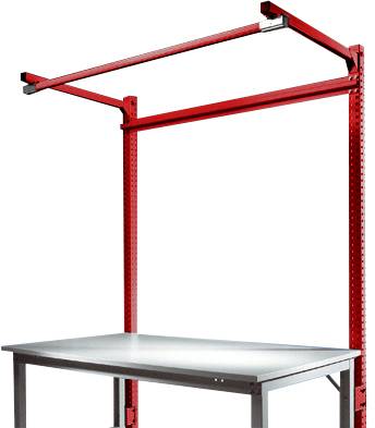 Ein rotes Regalgestell über einem robusten Metalltisch. Ideal für die Lagerung in Werkstätten oder industriellen Umgebungen.