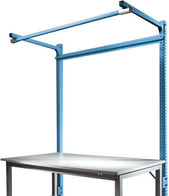 Ein blauer Arbeitstisch mit Metallrahmen, verstellbaren Beinen und einer stabilen Tischplatte. Er eignet sich für industrielle Anwendungen.