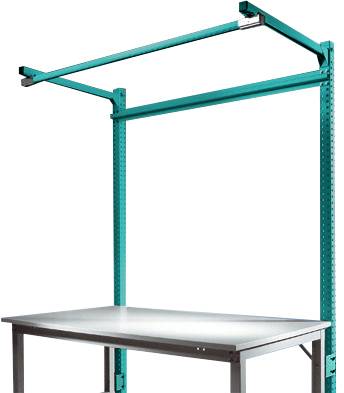Ein höhenverstellbarer Arbeitstisch mit Metallrahmen und einer stabilen Oberfläche. Oberhalb ist ein Querträger zur Befestigung vorhanden.