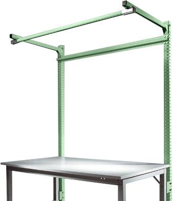 Ein Arbeitstisch mit grünem Metallrahmen und grauer Tischplatte. Der Rahmen hat zwei Streben oben als Aufhängungsmöglichkeit.