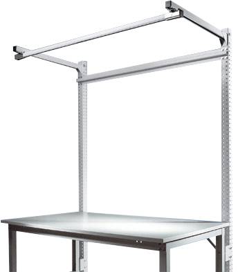 Höhenverstellbarer Metallarbeitstisch mit oberem Regal, geeignet für Werkstatt- oder Büronutzung.