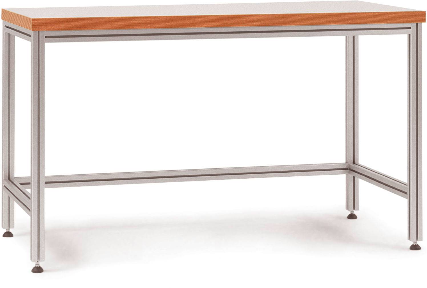 Ein rechteckiger Tisch mit einer hellbraunen Holzplatte und einem silbernen Metallgestell, geeignet für Arbeits- oder Bastelzwecke.