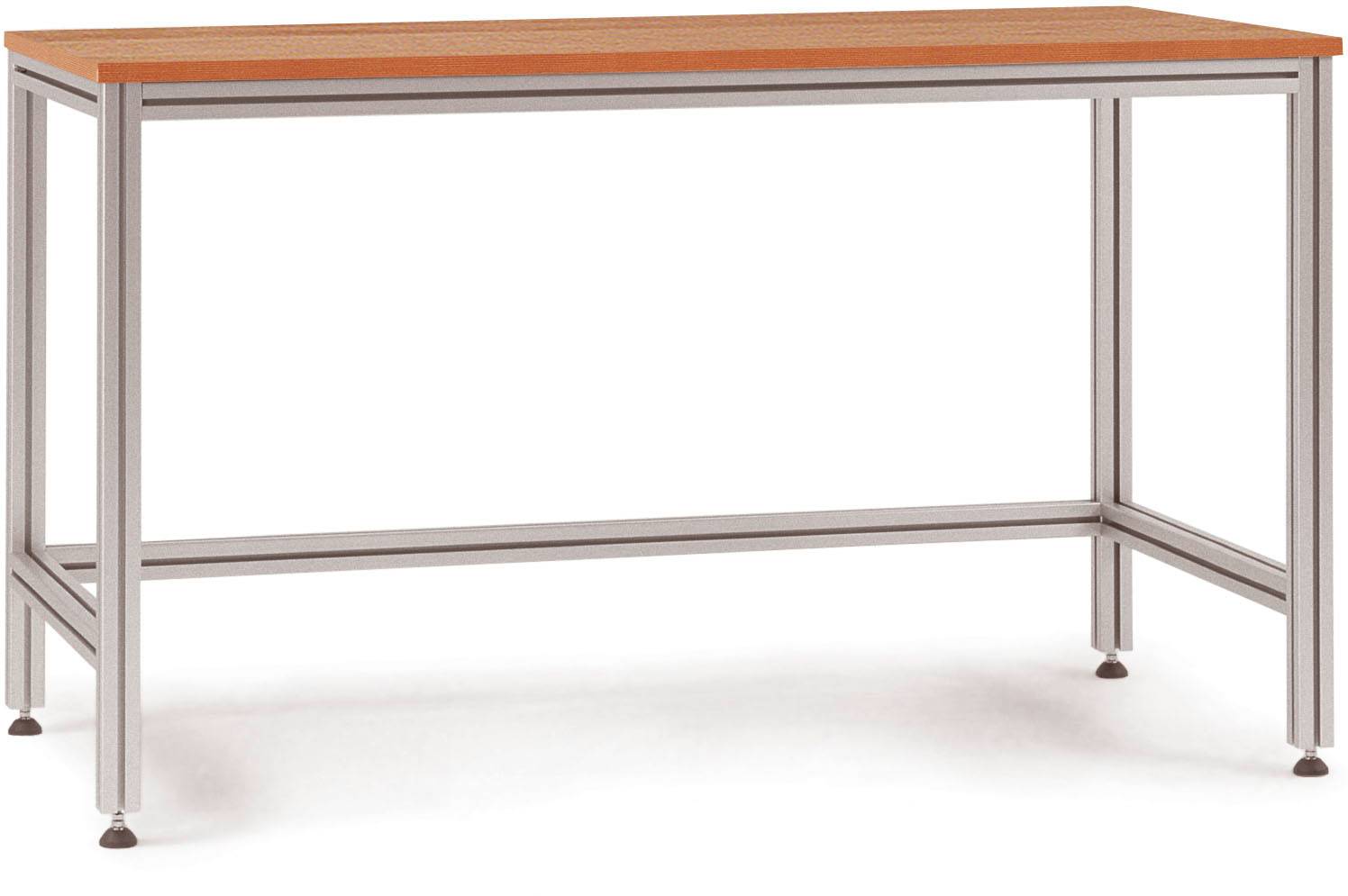 Ein rechteckiger Tisch mit Metallbeinen und einer Holzplatte. Geeignet für Arbeitsbereiche oder Essbereiche.