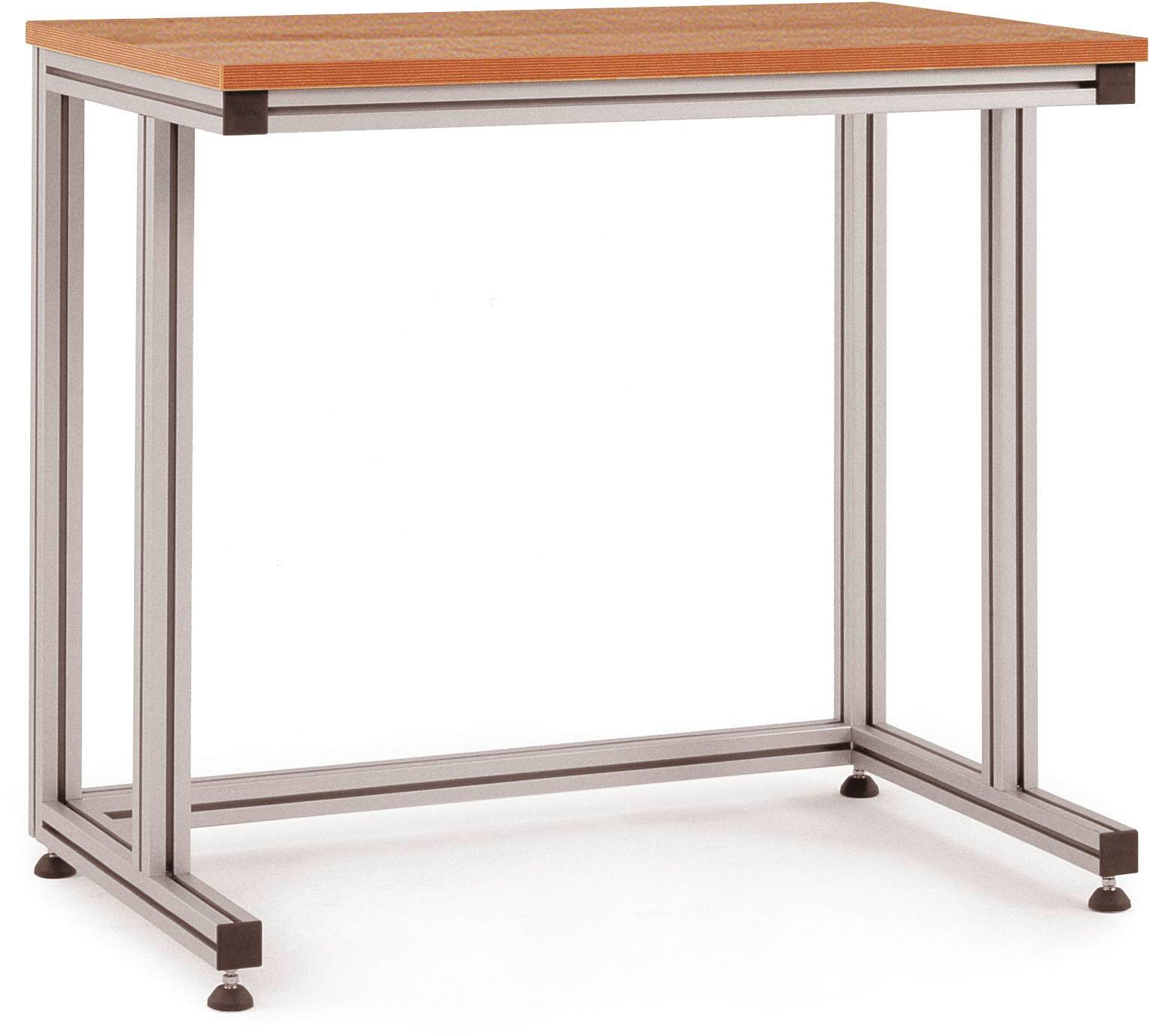 Ein Tisch aus Metall mit einer hölzernen Tischplatte, minimalistisches Design, geeignet für Arbeits- oder Büroräume.