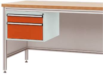 Metalltisch mit zwei orangefarbenen Schubladen auf der linken Seite, geeignet für Büros oder Werkstätten.