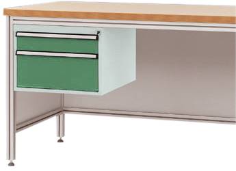 Ein Schreibtisch mit einer Holzplatte und zwei grünen Schubladen auf der linken Seite. Das Gestell ist aus Metall.