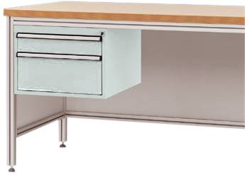 Ein Metalltisch mit Holzplatte und zwei seitlichen Schubladen. Geeignet für Büro- oder Werkstatteinrichtungen.