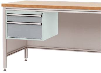 Metallischer Schubladenschrank mit zwei Schubladen unter einem Holztisch. Eignet sich zur Bürounterbringung von Dokumenten.