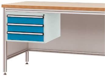 Schreibtisch mit Metallrahmen und Holzoberfläche, linksseitig drei blaue Schubladen unter der Tischplatte montiert.