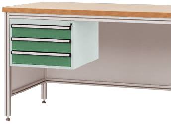 Schreibtisch mit Holzplatte, Metallrahmen und drei grünen Schubladen auf der linken Seite. Geeignet für Büro- oder Werkstattumgebung.