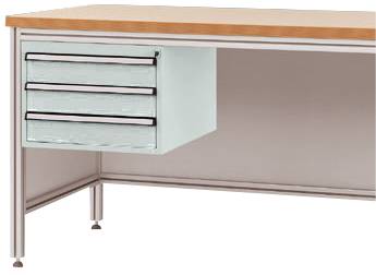 Schreibtisch mit Metallrahmen und Holzplatte, ausgestattet mit einem integrierten Schubladensystem auf der linken Seite.