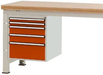 Arbeitstisch mit naturfarbener Holzplatte und vier orangenen Schubladen an der linken Seite.