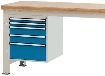 Blauer Werkstattschrank mit vier Schubladen unter einer Holzplatte. Der Schrank ist Teil eines Arbeitstisches.