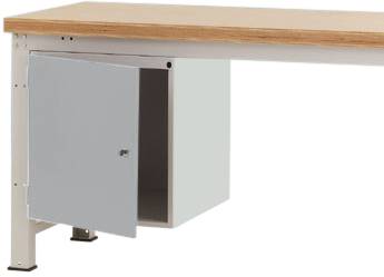 Ein Metalltisch mit Holzplatte, darunter ein teilweise geöffneter grauer Schrank, der an der linken Seite befestigt ist.