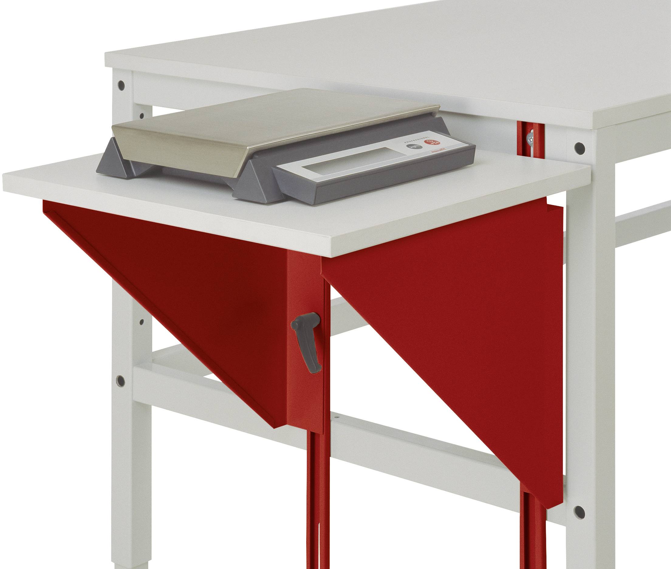 Eine weiße Tischwaage auf einem Tisch mit rotem, klappbarem Seitenteil. Das rote Element dient der Stabilität und Funktionalität.