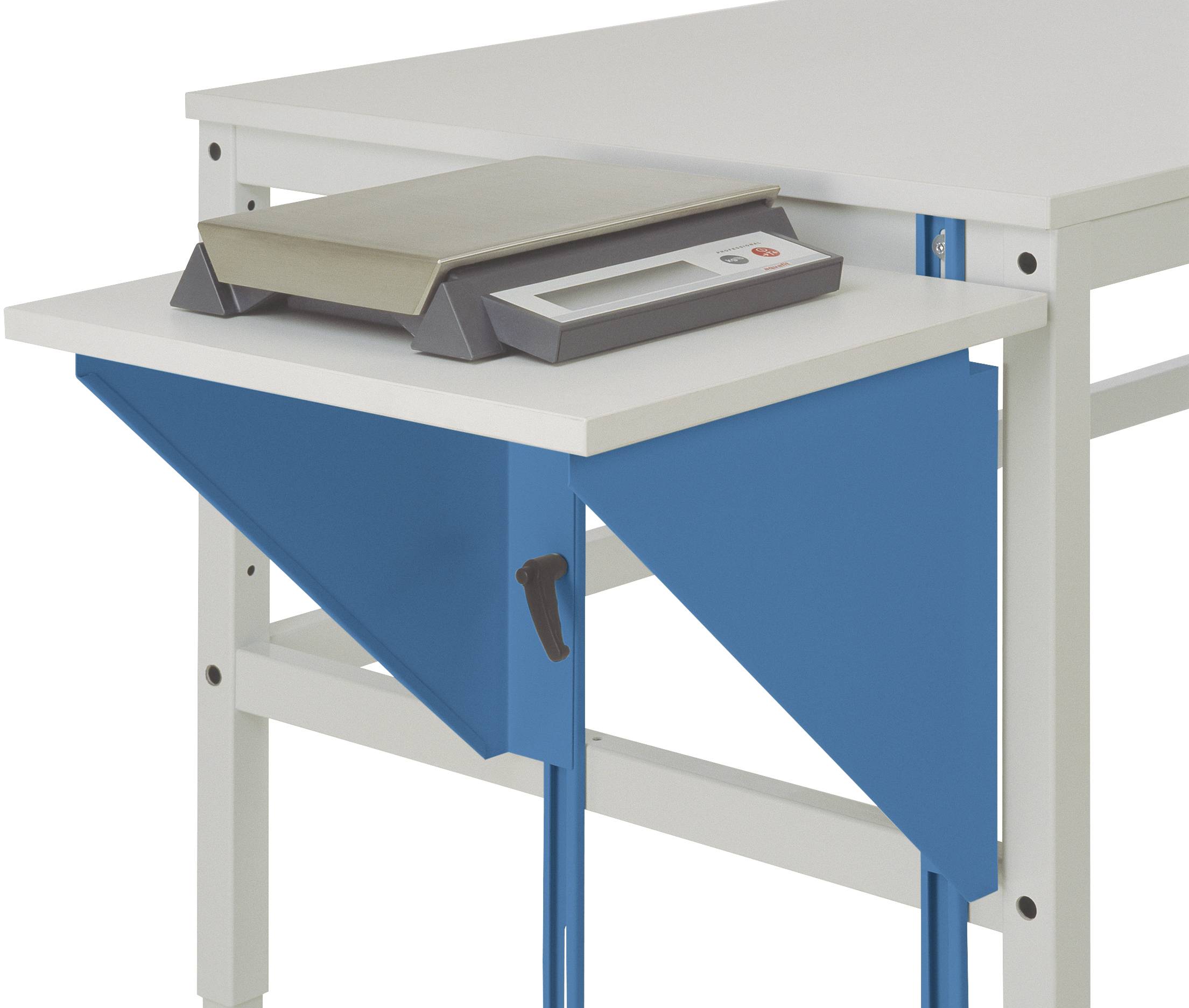 Ein Tisch mit einer integrierten blauen Halterung, die wahrscheinlich zur Unterstützung oder Stabilisierung dient. Oben steht ein digitales Gerät.