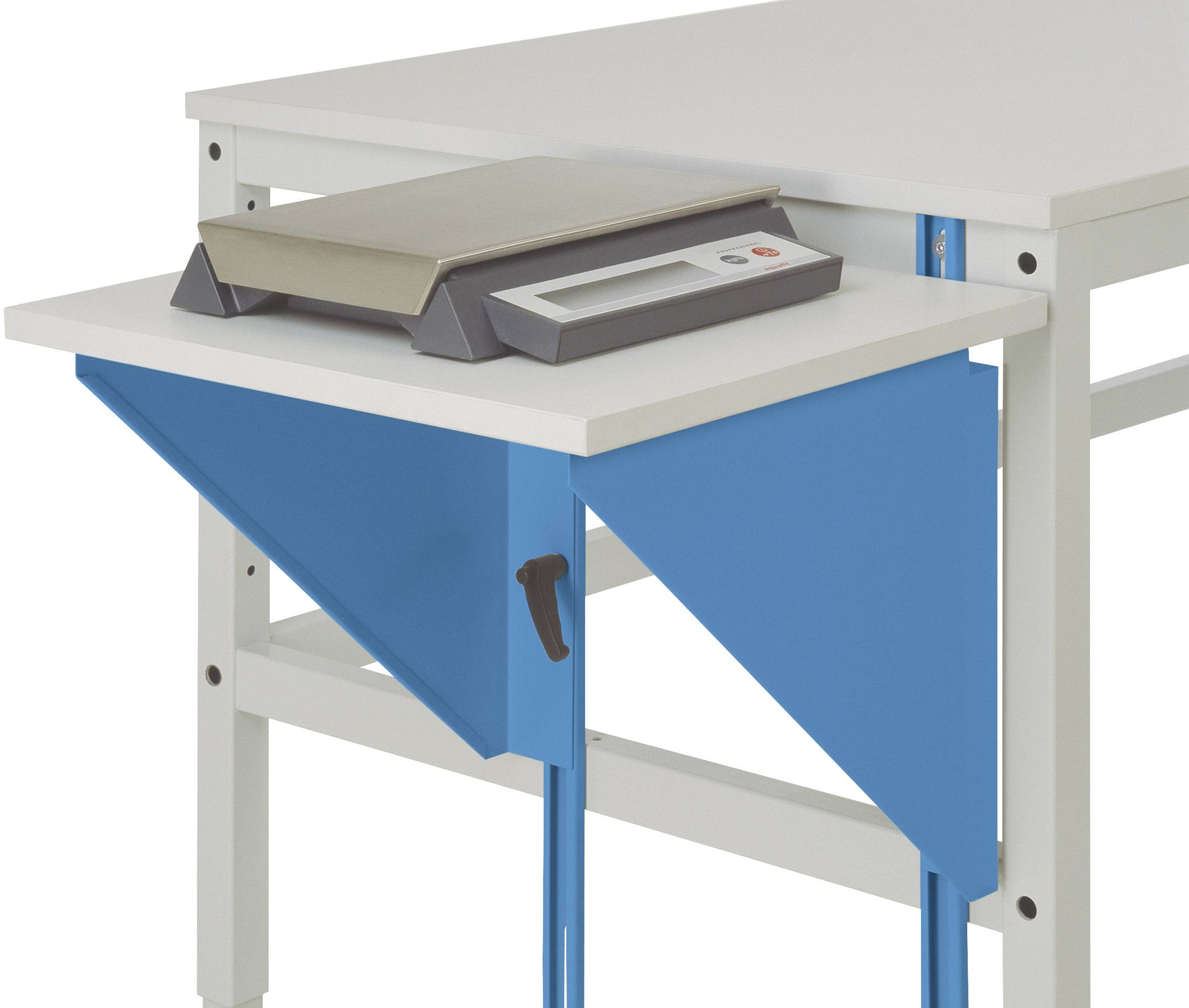 Waage auf Tisch mit blauem Schutzpanel darunter. Stabiler Metallrahmen, geeignet für Labor- oder industrielle Anwendungen.